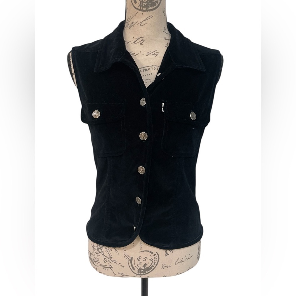 Levi's Black Velvet Sleeveless Vest Small Vintage Made in Hong Kong